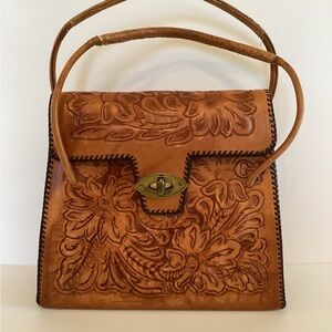 Vintage tooled leather Floral Embossed Tan Leather Bag